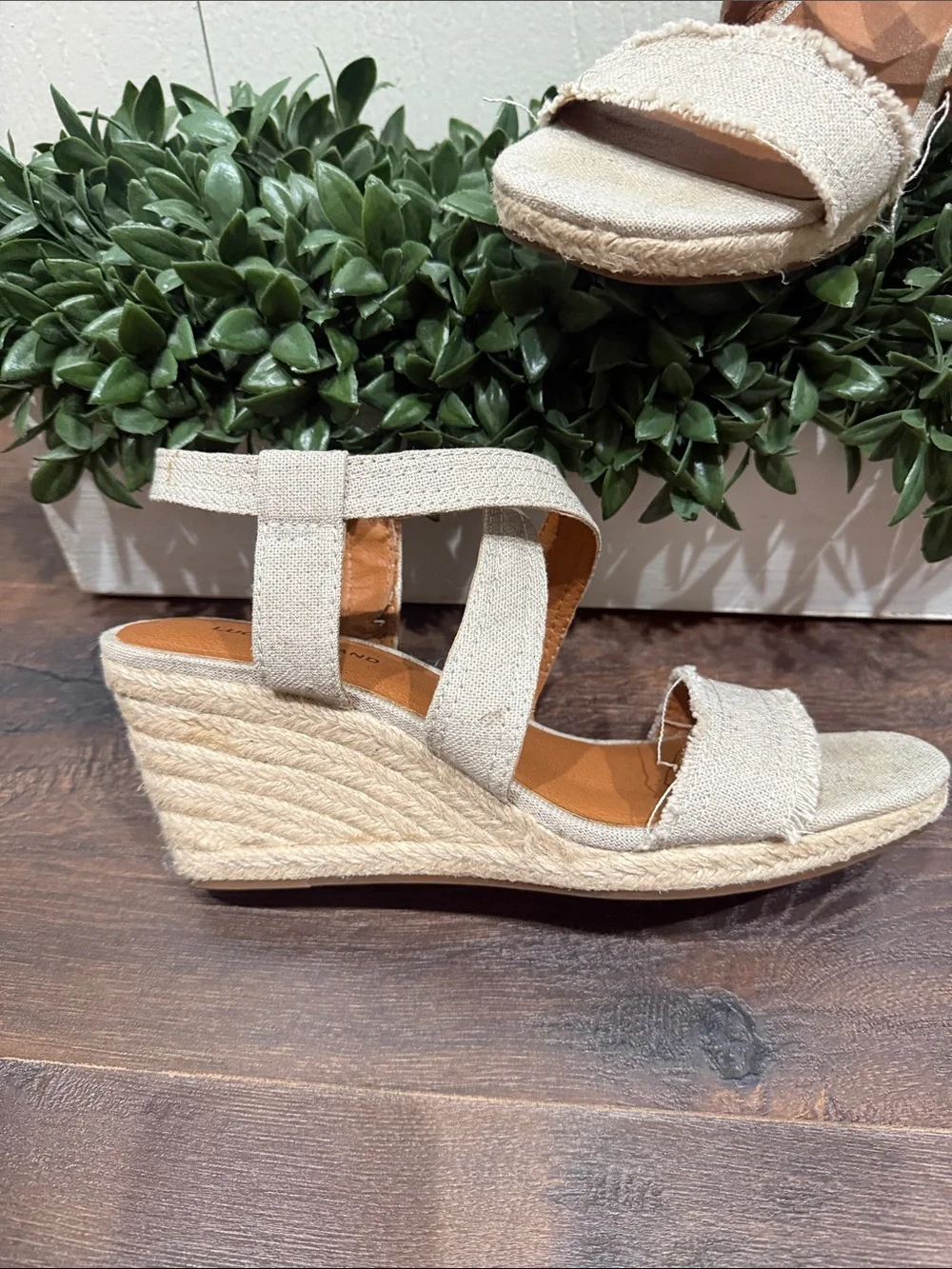 Lucky Brand Maeli Neutral Espadrille Wedge Sandal Rustic, Strappy Canvas Sz 10